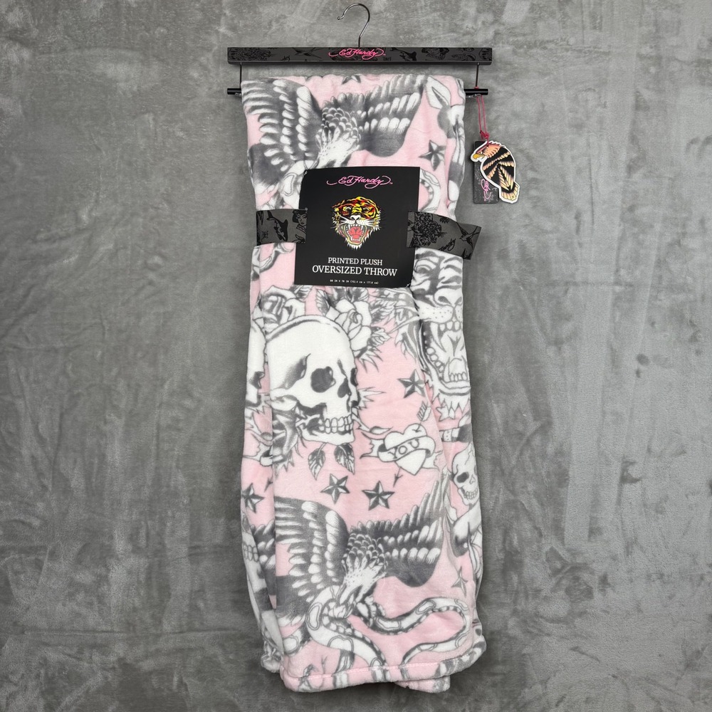 Ed Hardy Pink Tattoo Print Plush Oversized Throw Blanket Skull Eagle 60x70 NWT